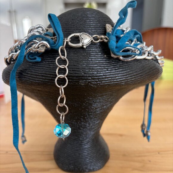 Silver Multi Strand Chain with Blue Suede Lace Statement Necklace - Picture 2 of 6